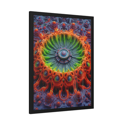 The Center Is a Choreography — Framed Fine Art Print, 24 × 32 in — orange and lime radial machinery with a violet core