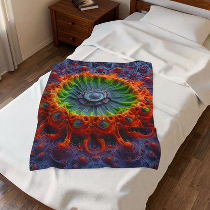 The Center Is a Choreography — Velveteen Plush Blanket, 30 × 40 in — orange and lime radial machinery with a violet core