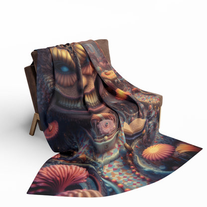 The Invitation Beneath the Grin — Arctic Fleece Blanket, 60 × 80 in — ornate grinning face above winding mosaic paths and coral garden forms