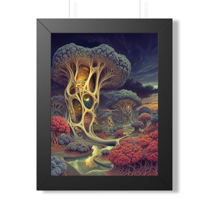 The Quiet Architecture of Becoming — Black Framed Print, 12 × 16 in — luminous lattice trees and a winding river