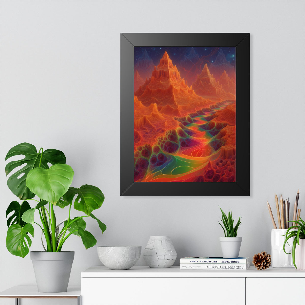 The Current Remembers black framed print, 12 × 16 in with a luminous winding current and orange mountains beneath a starry sky