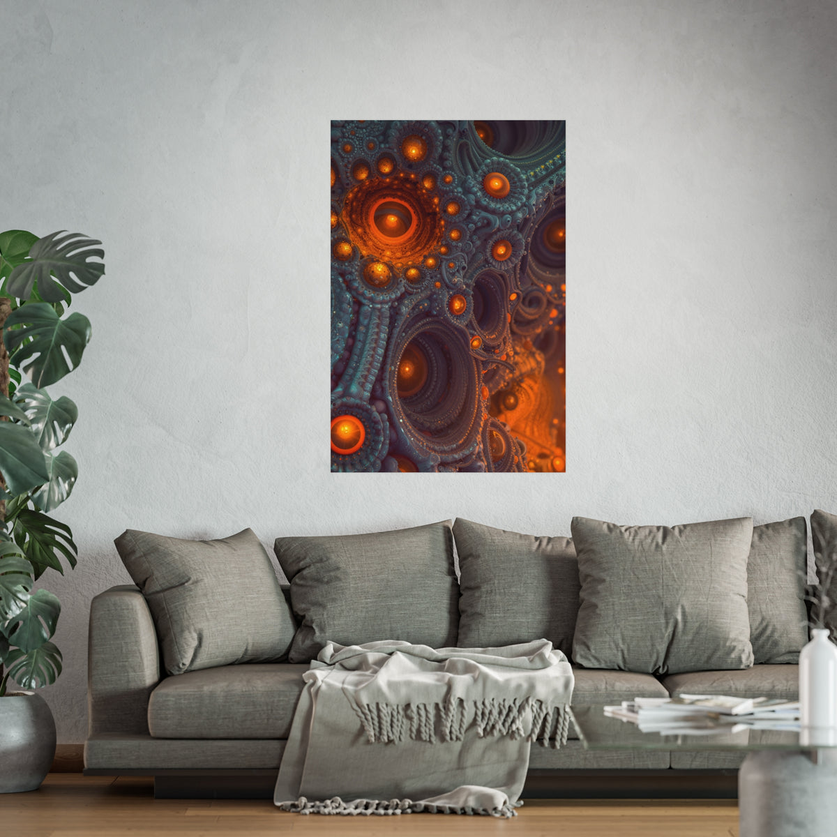 The Architecture of Inner Light — Large Matte Poster, 32 × 48 in — glowing amber chambers in intricate blue-gray and violet structures