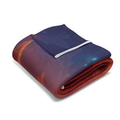 The Current Remembers arctic fleece blanket, 60 × 80 in with a luminous winding current and orange mountains beneath a starry sky
