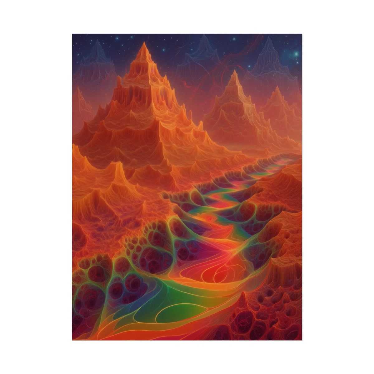 The Current Remembers rolled art print, 18 × 24 in with a luminous winding current and orange mountains beneath a starry sky