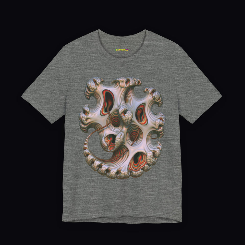 Pearlescent curled structure with red recessed chambers on a Deep Heather DMTPORTAL T-shirt