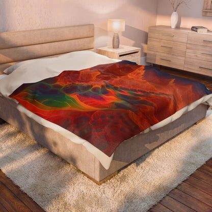 The Current Remembers velveteen plush blanket, 60 × 80 in with a luminous winding current and orange mountains beneath a starry sky