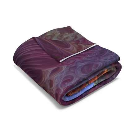 Where Fear Becomes a Passage — Arctic Fleece Blanket, 60 × 80 in — fanged creature with glowing eyes amid sage and mauve organic forms