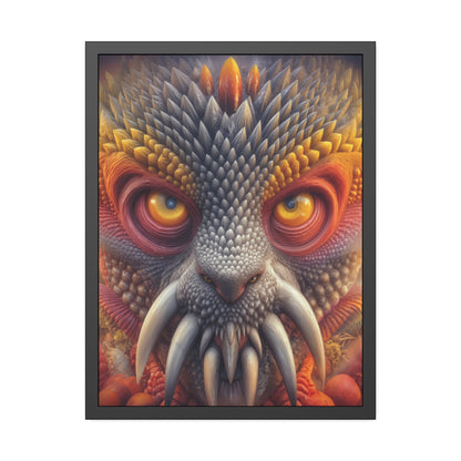 The Wisdom Beneath the Armor — Framed Fine Art Print, 24 × 32 in — golden-eyed creature with layered gray spines and ivory tusks
