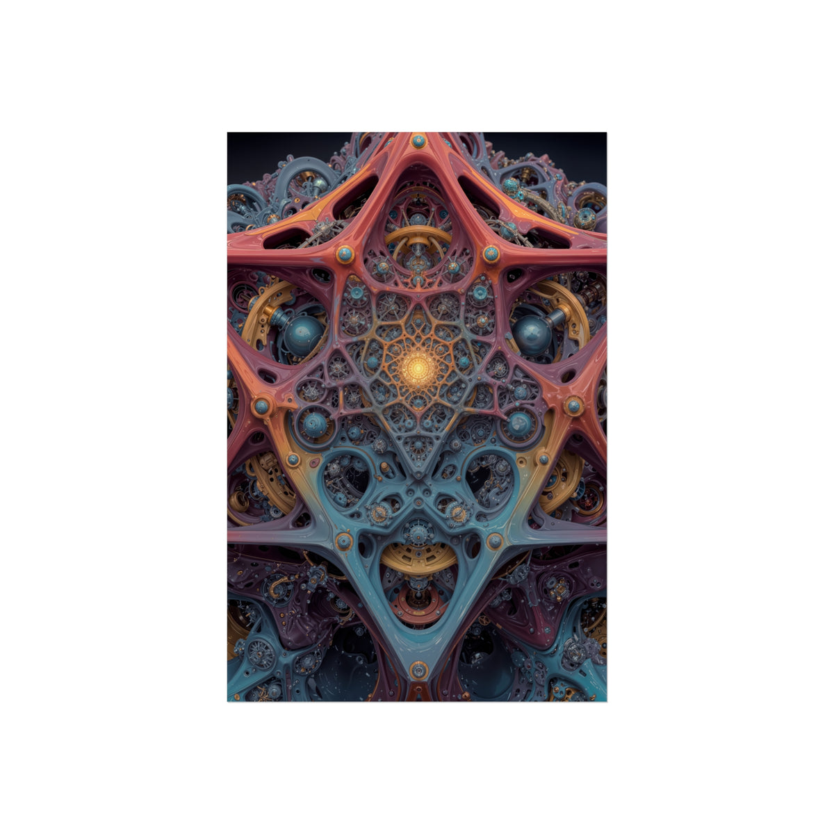 The Geometry of Surrender — Large Matte Poster, 32 × 48 in — interlocking coral and blue forms around a golden center