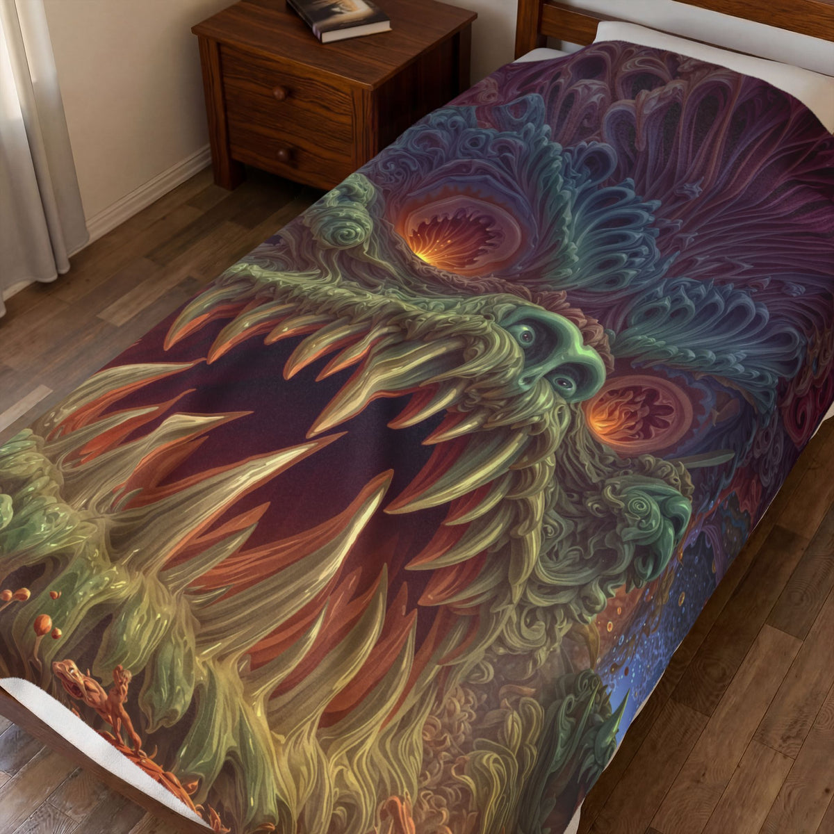 Where Fear Becomes a Passage — Velveteen Plush Blanket, 60 × 80 in — fanged creature with glowing eyes amid sage and mauve organic forms