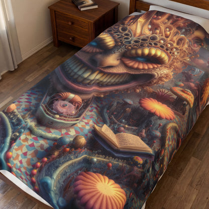 The Invitation Beneath the Grin — Velveteen Plush Blanket, 60 × 80 in — ornate grinning face above winding mosaic paths and coral garden forms