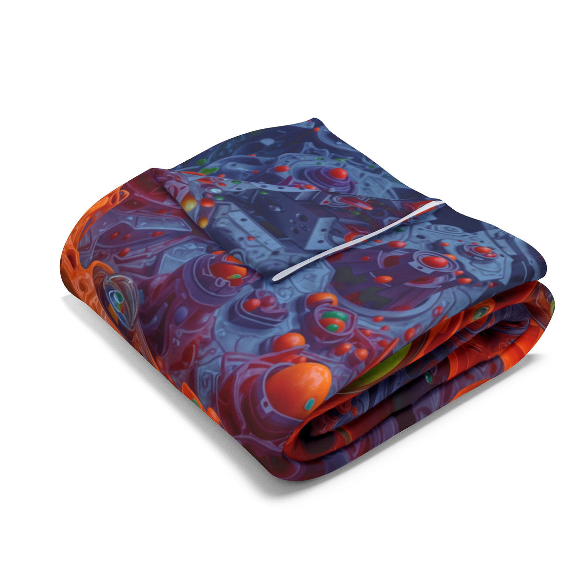 The Center Is a Choreography — Arctic Fleece Blanket, 60 × 80 in — orange and lime radial machinery with a violet core
