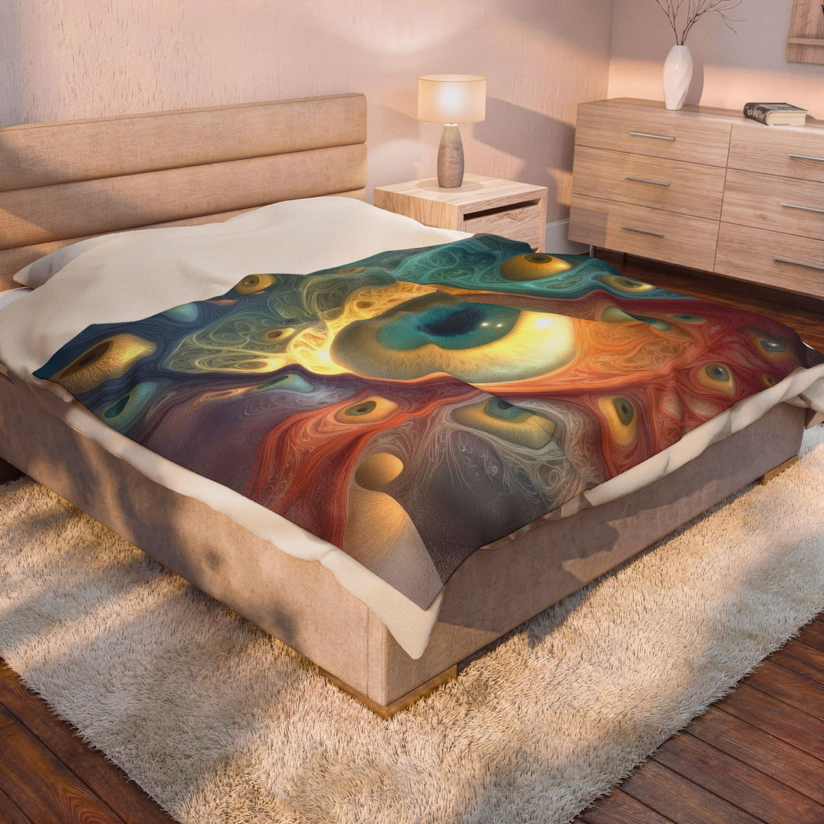 A Chorus of Seeing 60 × 80 inch velveteen plush blanket featuring DMTPORTAL’s teal and gold psychedelic eyes