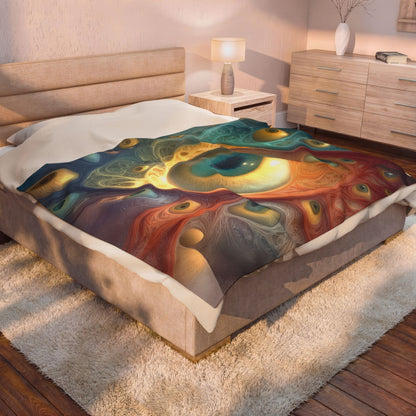A Chorus of Seeing 60 × 80 inch velveteen plush blanket featuring DMTPORTAL’s teal and gold psychedelic eyes