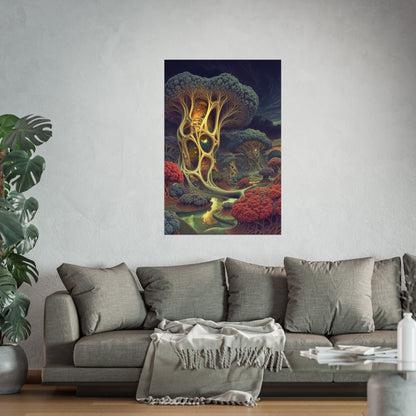 The Quiet Architecture of Becoming — Large Matte Poster, 32 × 48 in — luminous lattice trees and coral groves beside a winding river