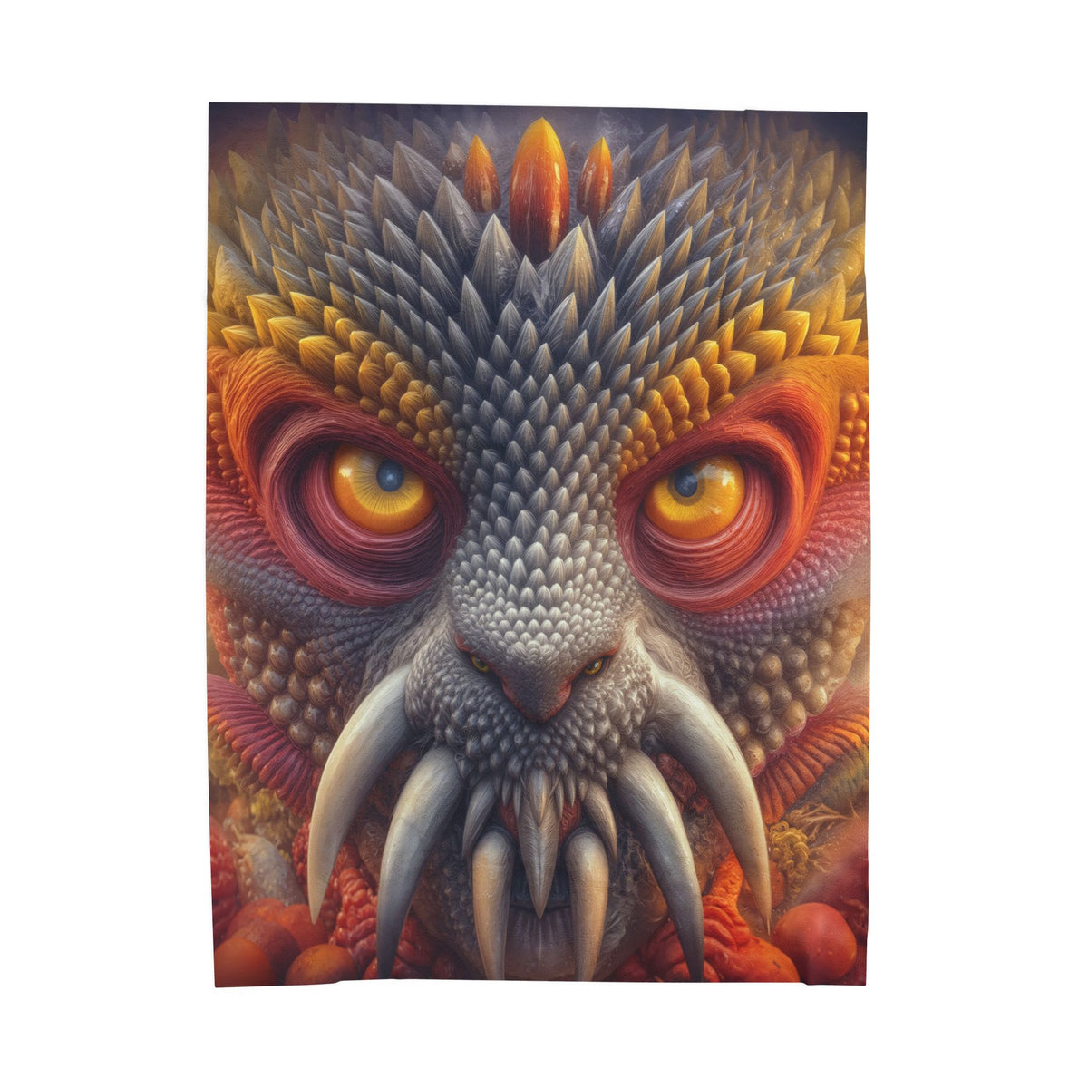 The Wisdom Beneath the Armor — Velveteen Plush Blanket, 60 × 80 in — golden-eyed creature with layered gray spines and ivory tusks