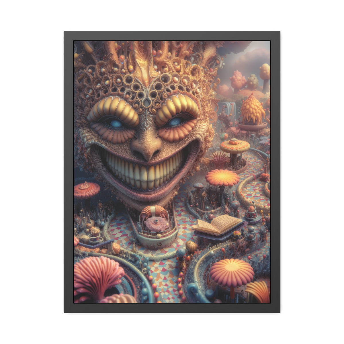 The Invitation Beneath the Grin — Framed Fine Art Print, 24 × 32 in — ornate grinning face above winding mosaic paths and coral garden forms