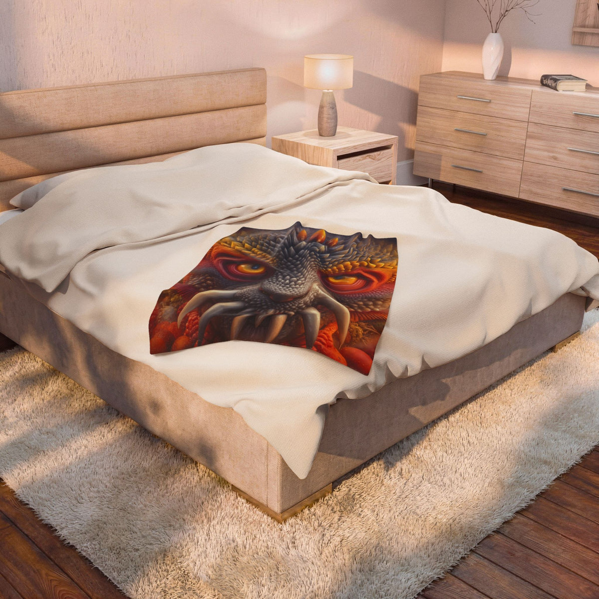 The Wisdom Beneath the Armor — Velveteen Plush Blanket, 30 × 40 in — golden-eyed creature with layered gray spines and ivory tusks