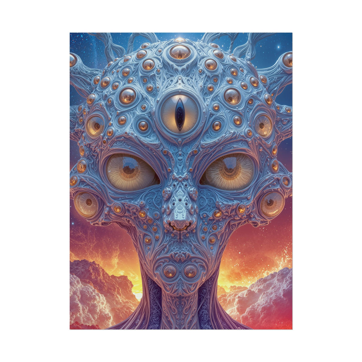 The Horizon Within the Gaze — Rolled Art Print, 18 × 24 in — intricate blue figure with amber eyes above luminous clouds