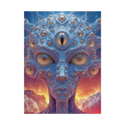 The Horizon Within the Gaze — Rolled Art Print, 18 × 24 in — intricate blue figure with amber eyes above luminous clouds
