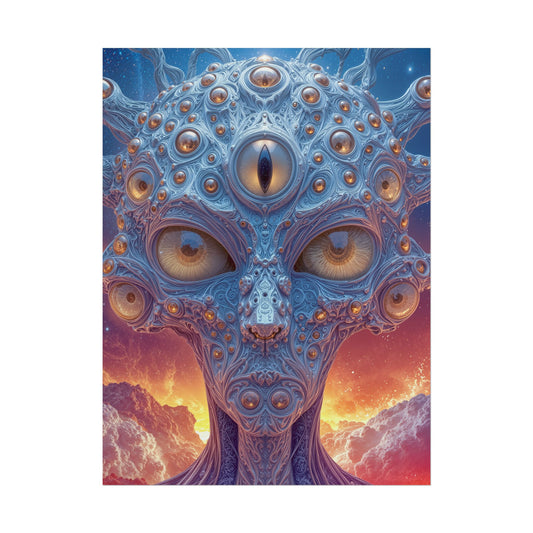 The Horizon Within the Gaze — Rolled Art Print, 18 × 24 in — intricate blue figure with amber eyes above luminous clouds
