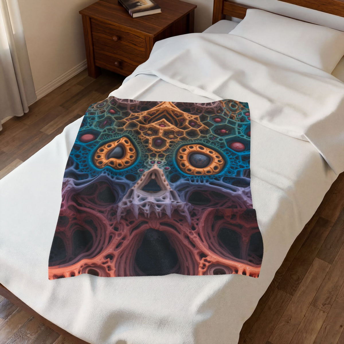 The Cathedral of Becoming — Velveteen Plush Blanket, 30 × 40 in — intricate lattice skull in teal, rose and gold