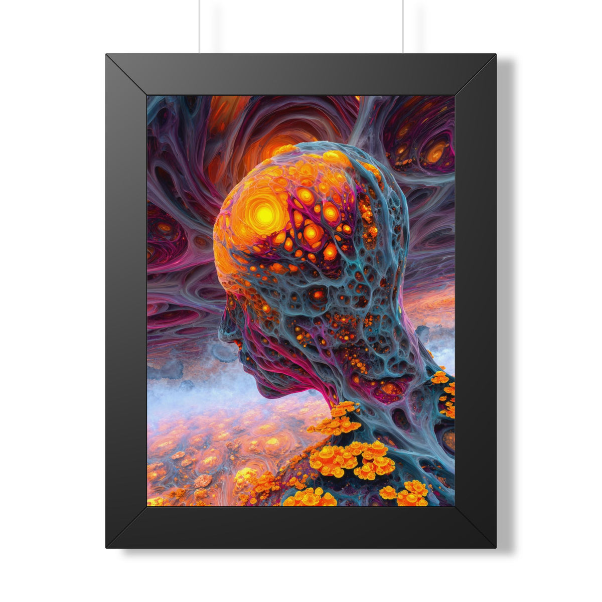 The Mind Becomes a Sun black framed print, 12 × 16 in with a glowing golden head amid flowing blue and violet forms