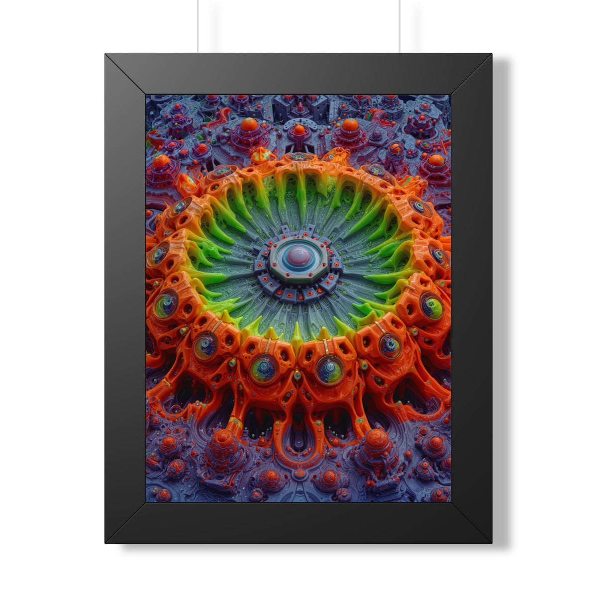 The Center Is a Choreography — Black Framed Print, 12 × 16 in — orange and lime radial machinery with a violet core