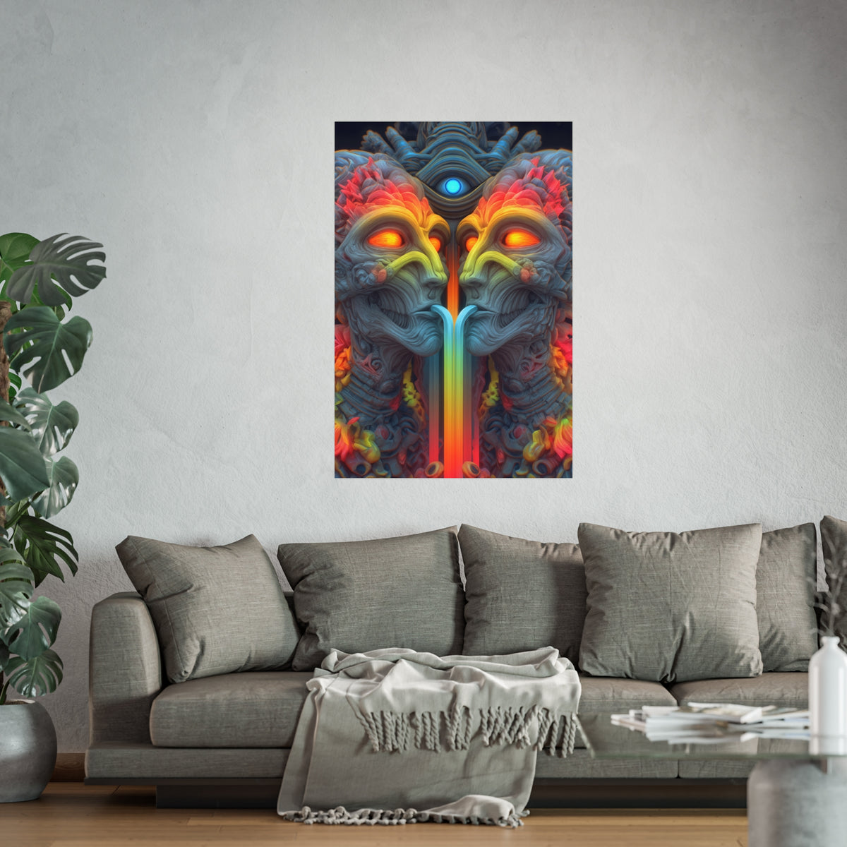 Where the Mirror Becomes a River — Large Matte Poster, 32 × 48 in — mirrored faces with glowing eyes and a shared stream of color