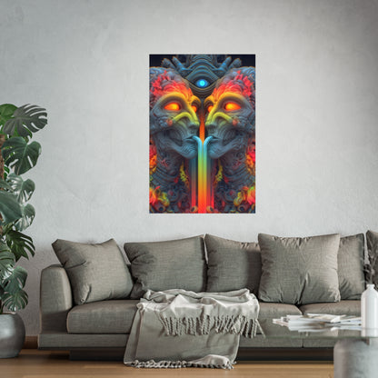 Where the Mirror Becomes a River — Large Matte Poster, 32 × 48 in — mirrored faces with glowing eyes and a shared stream of color