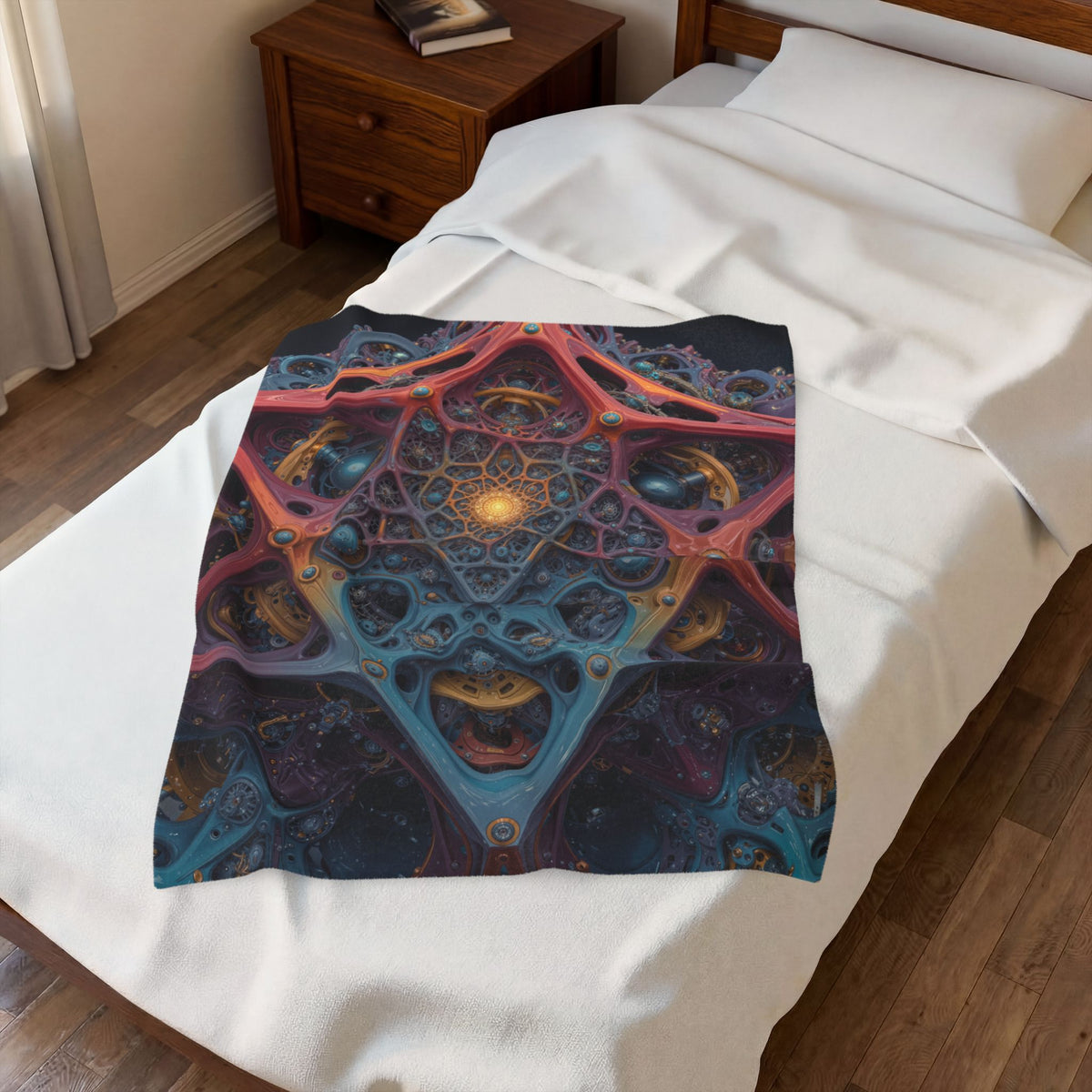 The Geometry of Surrender — Velveteen Plush Blanket, 30 × 40 in — interlocking coral and blue forms around a golden center
