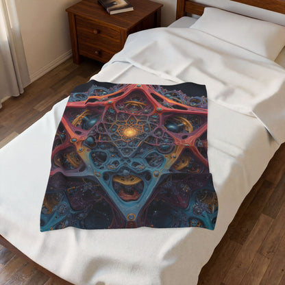 The Geometry of Surrender — Velveteen Plush Blanket, 30 × 40 in — interlocking coral and blue forms around a golden center