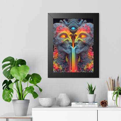Where the Mirror Becomes a River — Black Framed Print, 12 × 16 in — mirrored faces with glowing eyes and a shared stream of color