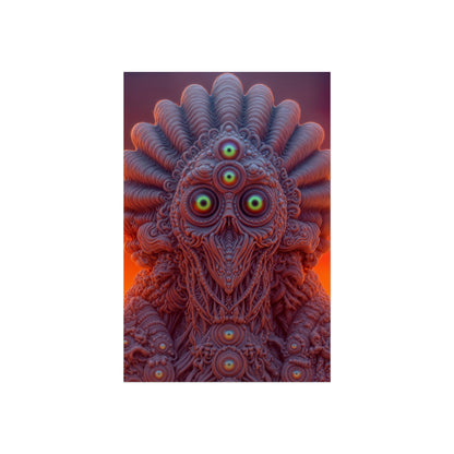 Where Every Gaze Becomes a Center — Large Matte Poster, 32 × 48 in — many-eyed figure with a rippling crown against an orange sky