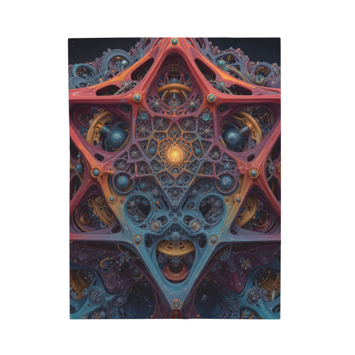 The Geometry of Surrender — Velveteen Plush Blanket, 30 × 40 in — interlocking coral and blue forms around a golden center