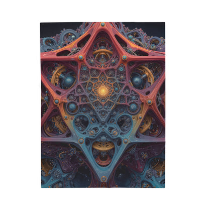 The Geometry of Surrender — Velveteen Plush Blanket, 30 × 40 in — interlocking coral and blue forms around a golden center