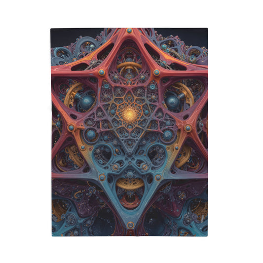 The Geometry of Surrender — Velveteen Plush Blanket, 30 × 40 in — interlocking coral and blue forms around a golden center