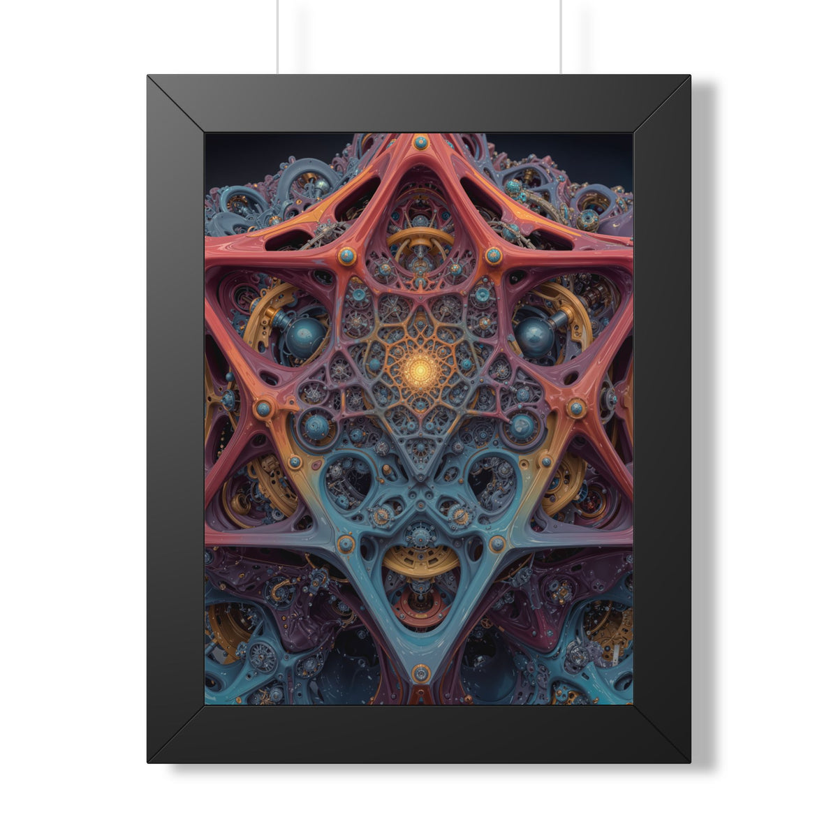 The Geometry of Surrender — Black Framed Print, 12 × 16 in — interlocking coral and blue forms around a golden center