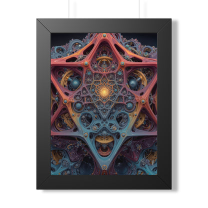 The Geometry of Surrender — Black Framed Print, 12 × 16 in — interlocking coral and blue forms around a golden center
