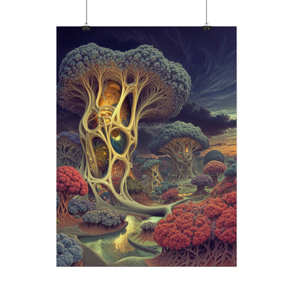 The Quiet Architecture of Becoming — Rolled Art Print, 18 × 24 in — luminous lattice trees and coral groves beside a winding river