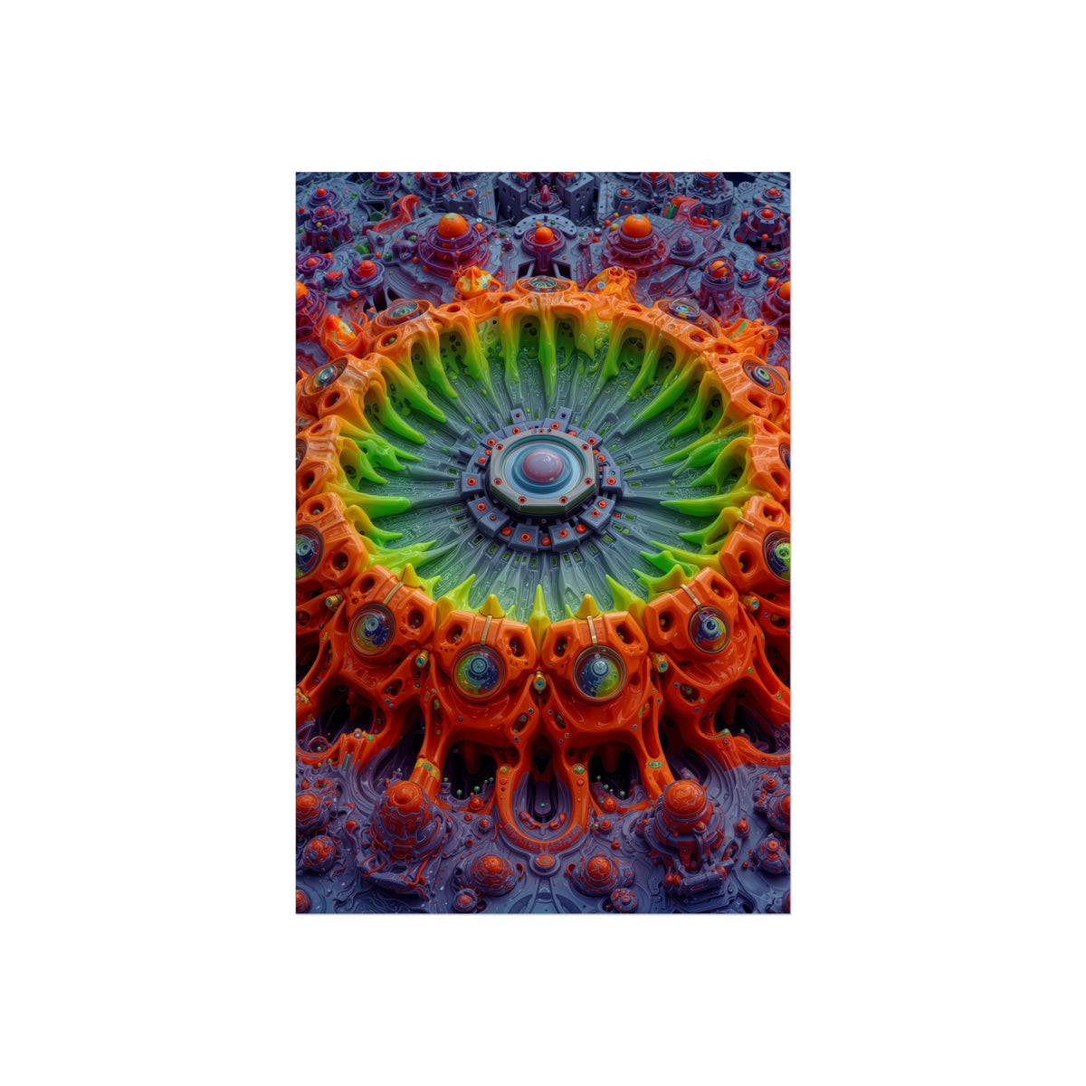 The Center Is a Choreography — Large Matte Poster, 32 × 48 in — orange and lime radial machinery with a violet core