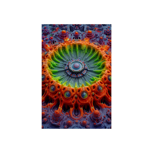 The Center Is a Choreography — Large Matte Poster, 32 × 48 in — orange and lime radial machinery with a violet core