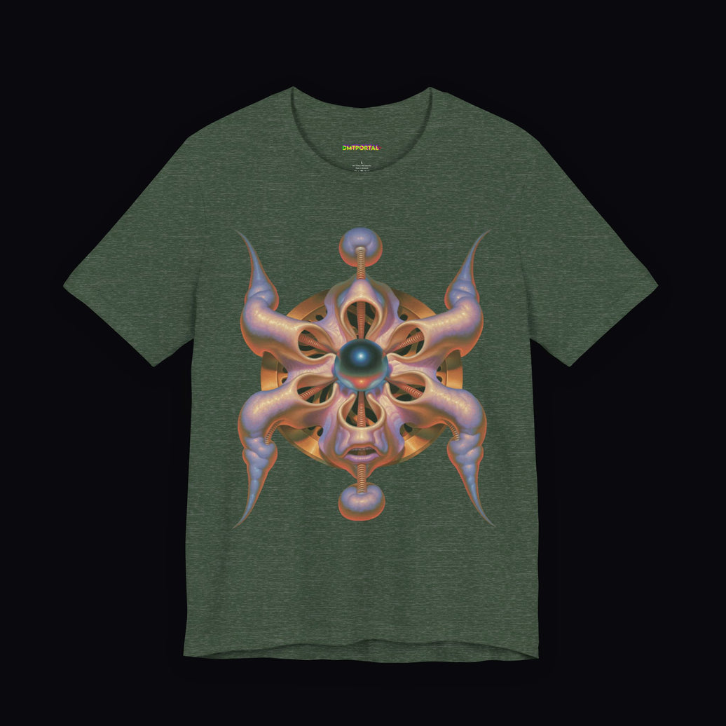 Peach and lavender symmetrical form surrounding a teal orb on a Heather Forest DMTPORTAL T-shirt
