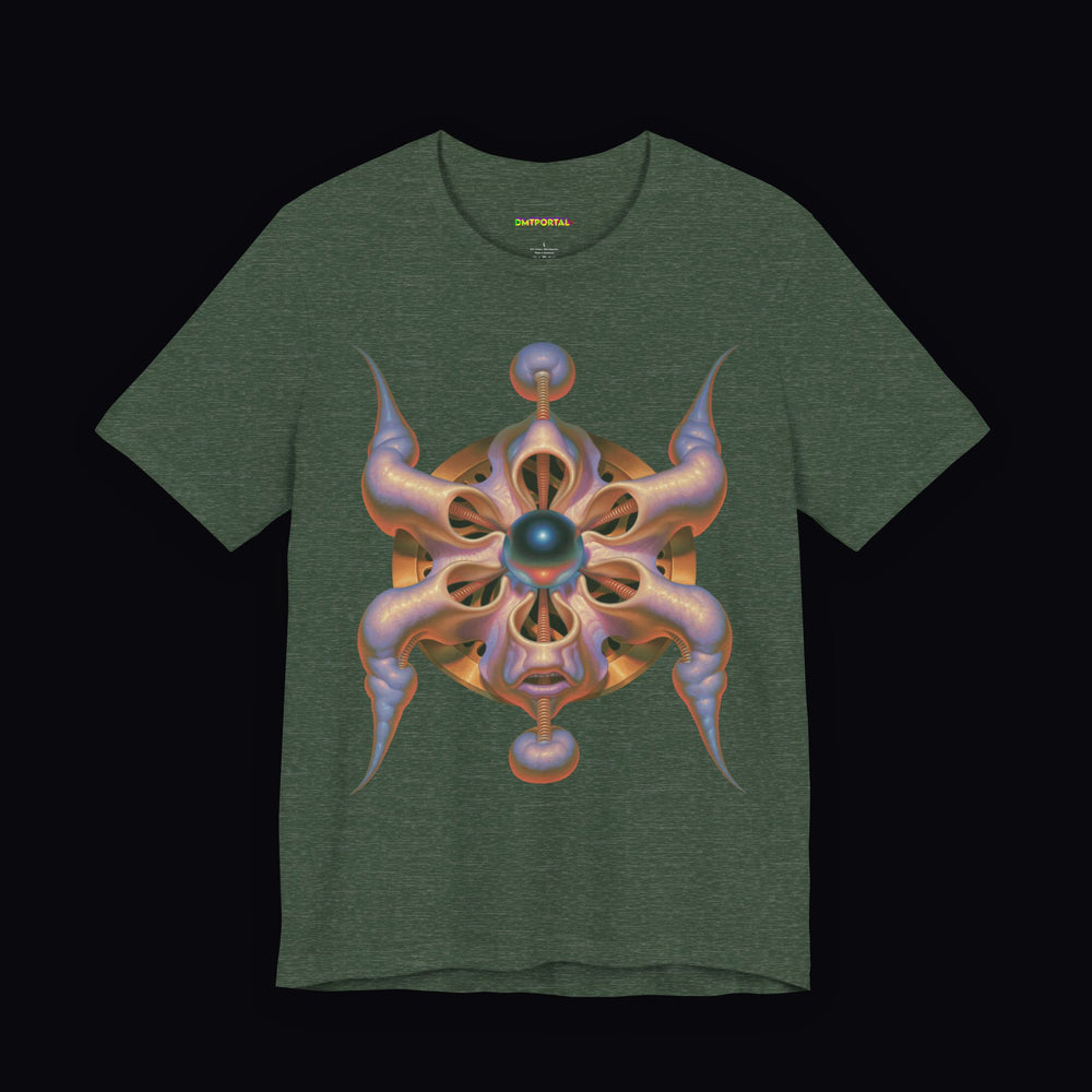 Peach and lavender symmetrical form surrounding a teal orb on a Heather Forest DMTPORTAL T-shirt