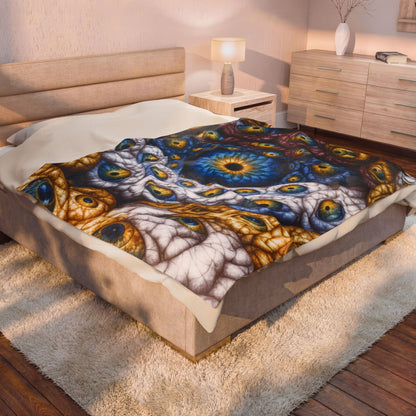 The Many Eyes of One Awareness — Velveteen Plush Blanket, 60 × 80 in — interwoven blue and gold eyes in ivory, ochre and mauve forms