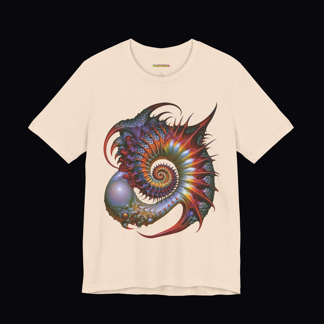 Pointed iridescent spiral creature with a luminous rounded chamber on a Soft Cream DMTPORTAL T-shirt