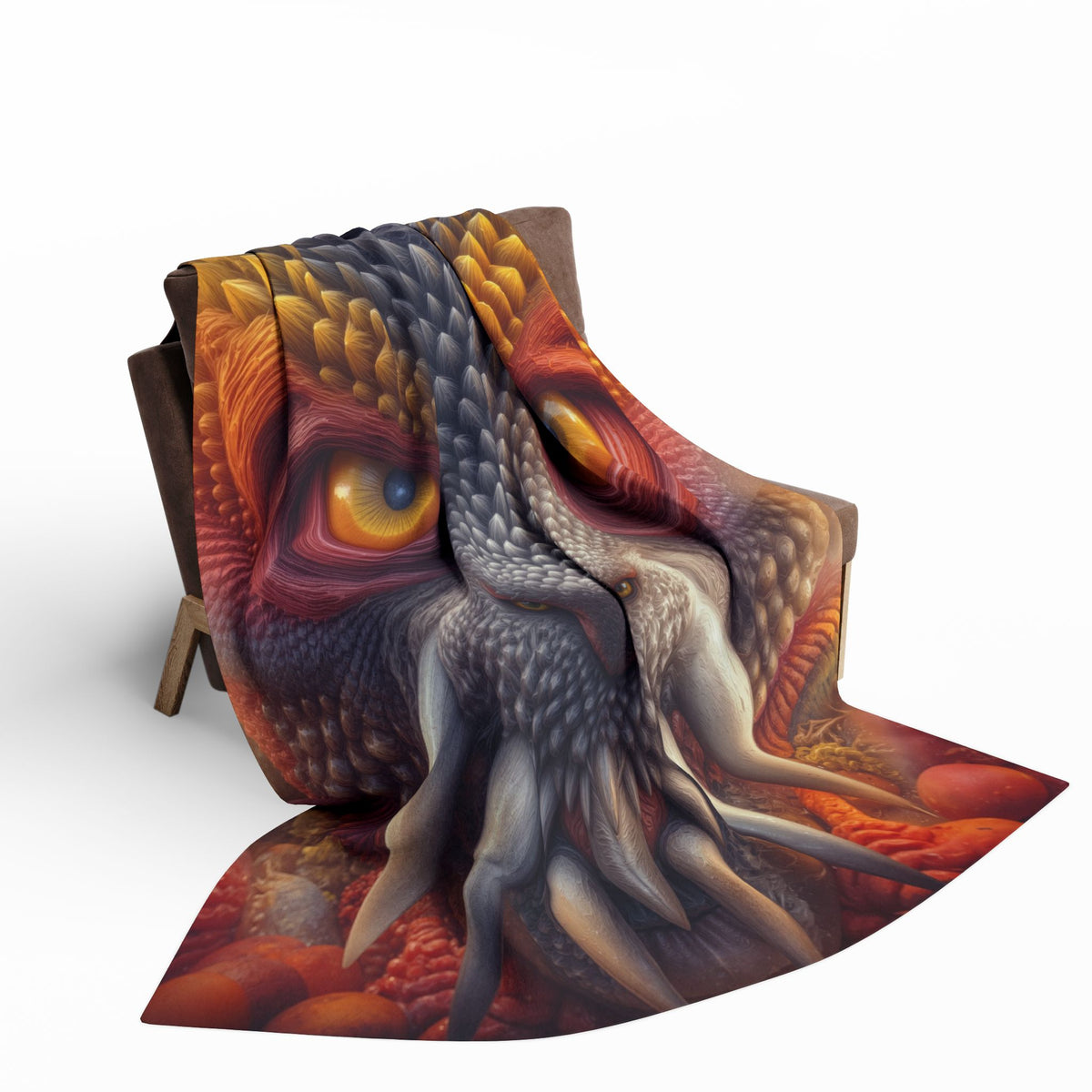 The Wisdom Beneath the Armor — Arctic Fleece Blanket, 60 × 80 in — golden-eyed creature with layered gray spines and ivory tusks