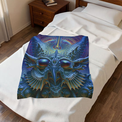 The Threshold That Refines — Velveteen Plush Blanket, 30 × 40 in — a symmetrical blue guardian with reflective eyes, pointed horns and intricate geometry