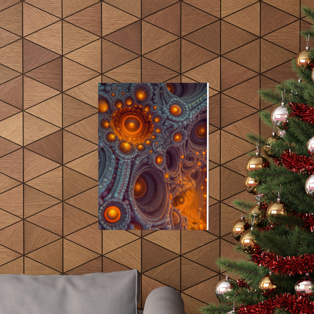 The Architecture of Inner Light — Matte Art Poster, 18 × 24 in — glowing amber chambers in intricate blue-gray and violet structures