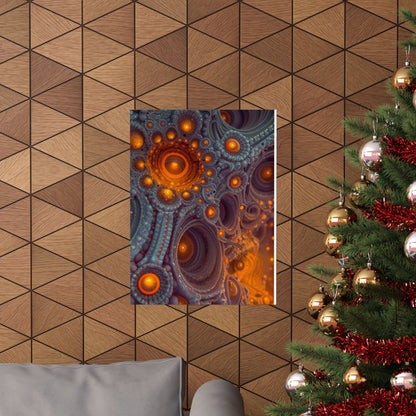 The Architecture of Inner Light — Matte Art Poster, 18 × 24 in — glowing amber chambers in intricate blue-gray and violet structures